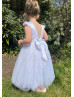 Cap Sleeves White Satin Tulle Pearls Embellished Flower Girl Dress